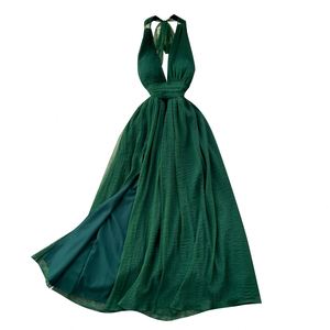 Vestido midi casual de verano para mujer, tipo túnica halter con abertura, tejido liso con estampado digital y espalda descubierta con encaje - Product Image 5