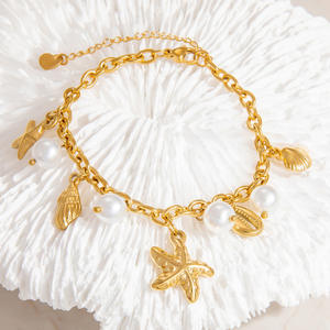 Ocean-Themed Charm <b>Bracelet</b> With Pearl <b>Shell</b> Starfish Seashell Gold Plated Women's Everyday Wear Jewelry - Product Image 2