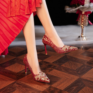 Pointed Toe Satin <b>Pumps</b> With Rhinestones Super High Heel Bridal Wedding Shoes <b>Red</b> - Product Image 4
