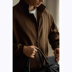 Men's Bubble Stripe Stand Collar Jacket Apricot White Loose Fit Zipper Sports <b>Cardigan</b> Youth Casual <b>Spring</b> Autumn - Product Image 4