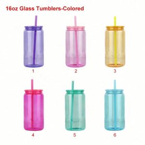 Verres à boire en gros, mugs personnalisés pour soda et bière, verre coloré de 16 oz avec couvercle en plastique et paille pour le camping - Product Image 4