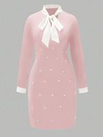 Robe fourreau midi noire pour femme, col à nœud blanc, manches 3/4, décorations de perles, élégante, pour le bureau ou les occasions formelles