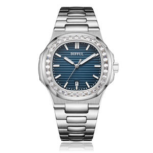 DIFFUL Blue in acciaio inox di lusso marca di Diving datario orologio al quarzo finto diamante lunetta orologio da uomo - Product Image 2