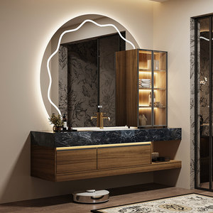 Meuble de salle de bain mural intelligent avec vasque en céramique sans joint, style hôtel, en marbre de luxe et pierre, et armoire à miroir. - Product Image 6