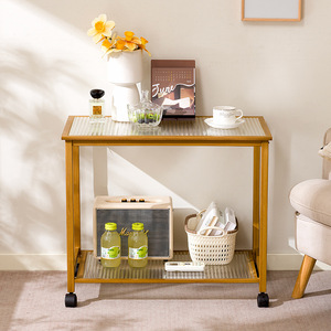 <b>Bamboo</b> Tempered Glass <b>Coffee</b> <b>Table</b> Small With Wheels For Living Room Or Office Use - Product Image 3