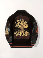 Dropshipping Veste rayée à motif de soleil et de broderie géométrique pour hommes avec poches, revers décontracté boutonné long