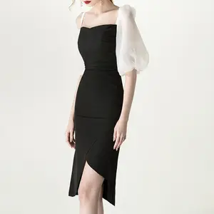 Contrast Black White Summer Asymmetrical Short Day Dress Puff Sleeve Midi Evening Dress