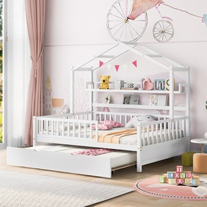 Lit enfant en bois taille réelle avec toit, étagères et lit gigogne escamotable, pour <span class=keywords><strong>chambre</strong></span> de filles et de garçons - Product Image 1