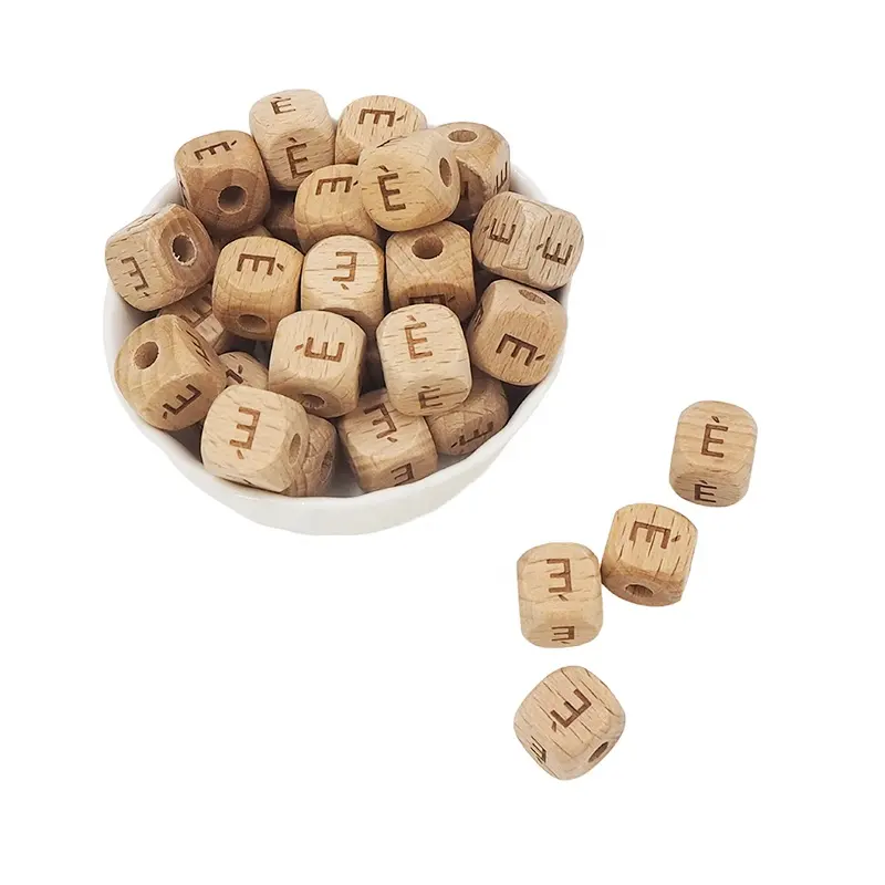 High Quality Eco Friendly Beech Wooden Square Bead Baby DIY Necklace Letter Wood Teething Beads