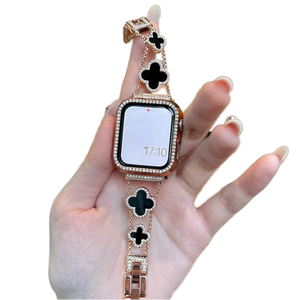 Correa de Reloj Inteligente de Acero Inoxidable de Lujo <span class=keywords><strong>para</strong></span> Mujer, Brazalete Elegante con Cristales de Imitación y Caja con Diseño de Trébol <span class=keywords><strong>para</strong></span> <span class=keywords><strong>Apple</strong></span> 38mm 40mm 41mm 42mm 44mm 45mm - Product Image 1