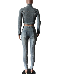 STOCK Moda Streetwear Otoño Manga larga Cremallera Chaqueta de mezclilla Traje de dos piezas Top y pantalones vaqueros Conjunto de mezclilla para mujer - Product Image 6