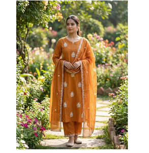 Conjunto de Kurta, Pantalón y Dupatta de Algodón Bordado Color Mostaza, de Secado Rápido, Sin Arrugas, Elegante, Ropa Étnica para Mujer, Informal, Festiva - Product Image 2