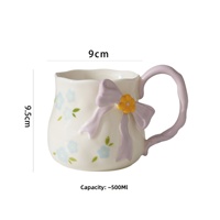 Mug en céramique de 500 ml grande capacité, peint à la main, avec nœud 3D, motif floral coloré, tasse à eau