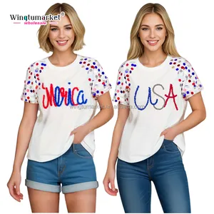 Großhandel USA Oberteile bestickt funkelnd rot blau Merica Script kurz Puffärmel Merica Pailletten-T-Shirt für Damen