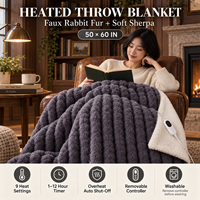 Plaid chauffant double couche en fausse fourrure de lapin Shepra, 50*60 pouces, 9 niveaux de chauffage, protection contre la surchauffe, lavable