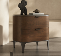 Mesa de Noche de Madera Maciza Moderna y Minimalista con Dos Cajones, Mesa Auxiliar Ajustable de Cuero para Dormitorio