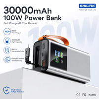 Chargeur portable 30000mAh 100W avec câble rétractable, charge rapide pour ordinateur portable, smartphone, montre connectée, fourniture OEM ODM
