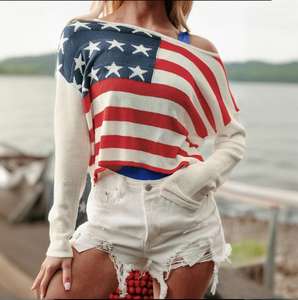 Women's Loose Casual Long Sleeved Knitted Pullover <b>Round</b> Neck Sports Inspired National Flag Striped Sweater for Winter - Product Image 1