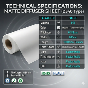 Pemotongan Cetakan Seragam Cahaya Lembut Tingkat Reflektif Khusus 600x1200mm Bahan <span class=keywords><strong>PET</strong></span> Buram D540 Diffuser Tahan Panas UV - Product Image 1