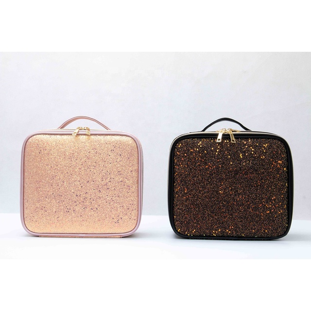 New Glitter Large Capacity Desktop Cosmetic Storage Box Waterproof Leather Travel Portable Makeup Bag Case with LED Light Mirror