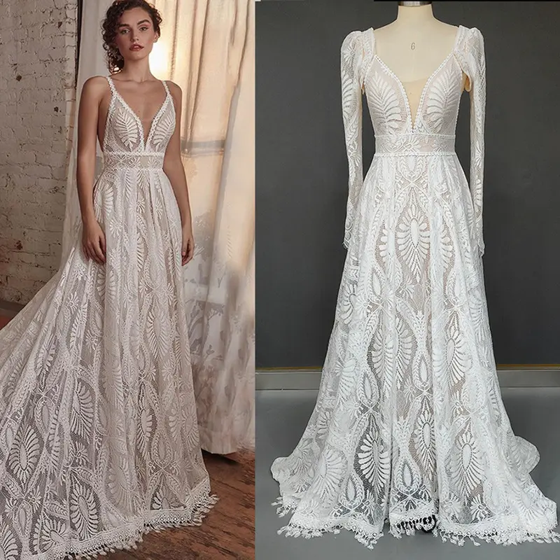 Beach Spaghetti Straps Lace Wedding Dresses Boho V Neck A Line Bridal Gowns With Detachable Long Sleeve