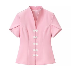 Chemisier personnalisé pour femme à col mandarin et boutons grenouille, chemise à manches courtes cintrée avec détails rétro, haut vintage OEM/ODM - Product Image 3