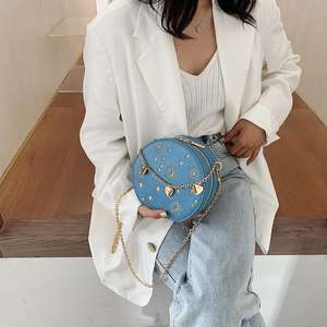 Sac à bandoulière rond bleu en PU avec broderie, breloques cœur en chaîne, fermeture éclair 7 pouces, mode printemps, sac bandoulière pour femme - Product Image 2