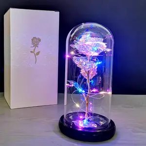 Vendita calda regalo per la festa della mamma di san valentino led rosa eterna artificiale fiore stabilizzato in vasi di vetro