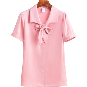 Women White Blouse With Bow Short Sleeve Professional Shirt For Hotel Uniforms - Product Image 5
