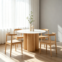 Ensemble de table à manger ronde moderne avec plateau en céramique et base en bois cannelé, chaises en bois massif à dossier incurvé, meubles pour la maison et les restaurants
