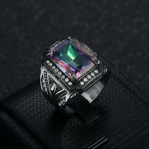 Yunnique Men's Geometric Cube Ring with Colorful Synthetic Gemstone Pave Setting Retro Steel Color Jewelry Gift - Product Image 1