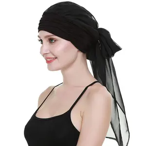 HZM-19161 Elegant Chemo Cap With Silky Scarfs For Cancer Women Hair Loss Sleep Beanie