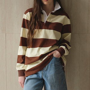 Sweat-<span class=keywords><strong>shirt</strong></span> polo décontracté pour <span class=keywords><strong>femme</strong></span> avec col à revers, épaules tombantes, rayures et manches longues surdimensionnées - Product Image 1