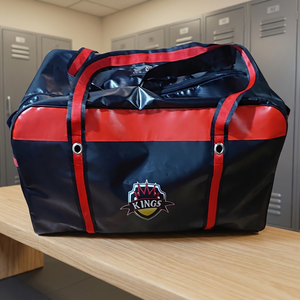Large Heavy Duty Black Tarpaulin Hockey <b>Duffel</b> <b>Bag</b> with Polyester Lining and Red Black Straps Custom Logo - Product Image 1