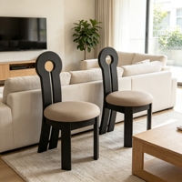 Silla de Comedor Redonda de Madera de Caucho Sólido con Asiento Beige Moderno y Contemporáneo, Patas Cónicas y Respaldo Curvo, Venta al Por Mayor