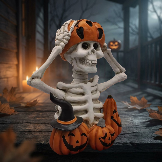 Wholesale Creative Resin Halloween Skeleton Pumpkin Figurine Spooky Custom Table Decor Holiday Gift Ornament