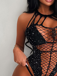 Zs158 Lingerie Bodystocking Femme <span class=keywords><strong>Chic</strong></span> et Sexy en Résille, à Bretelles, Dos Nu, Érotique, avec Cristaux - Product Image 4