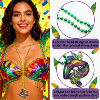 Collier de carnaval en gros, perles en plastique violettes, dorées et vertes, chaîne de perles, décoration de fête, collier pendentif style chapeau haut-de-forme, bijoux