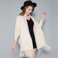 Cape Pashmina double face pour femme Automne/Hiver avec franges et manches, mélange cachemire, style manteau
