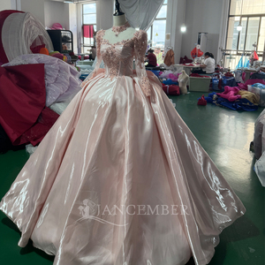 Mc071 Elegant Illusion High Neck Long Sleeve Beaded Blush Shimmer Satin <b>Ball</b> <b>Gown</b> Quinceanera Dress For Sweet 16 Jancember - Product Image 3