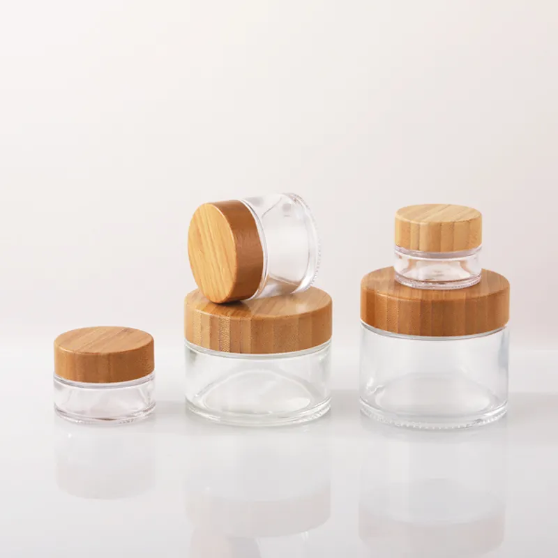 Empty Bamboo Cosmetic Glass Jars 15ml 30ml 50ml 100ml 150ml 200ml Clear Glass Cosmetic Jar with Bamboo Lid