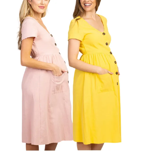 Spring And Summer Women Pregnant Elegant Dress Button Pocket V-Neck Maternity Fluffy Dress Vestidos Sueltos Para Embarazadas
