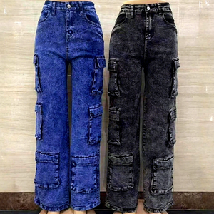 Jean <span class=keywords><strong>cargo</strong></span> décontracté pour <span class=keywords><strong>femme</strong></span>, taille haute, coupe skinny, respirant, multi-poches, délavage clair, longueur cheville - Product Image 3