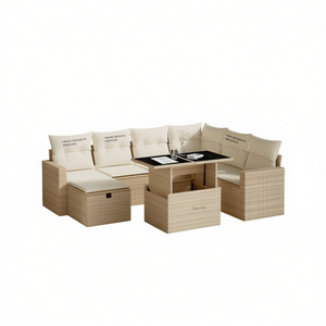Conjunto de Sofá de Jardín de Ratán Beige con Mesa, 6 Plazas, Muebles de Exterior de Diseño Contemporáneo - Product Image 1