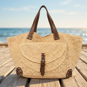 Sac cabas en raphia pour femme, style bohème, couleur unie, sac de plage d'été avec poignées en cuir, fermeture éclair, doublure en coton - Product Image 2