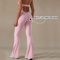 Combinaison de yoga pour femme à col halter, dos nu en dentelle, avec coussinets de poitrine intégrés, jambes évasées, pour la gym, le fitness et le sport