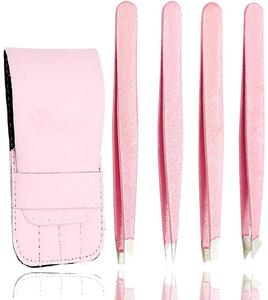 4 Piece Professional Stainless Steel Tweezers Set Eyebrow Tweezers Slant Tip Pointed and Straight in NEW Pink Glitter Color - Product Image 1
