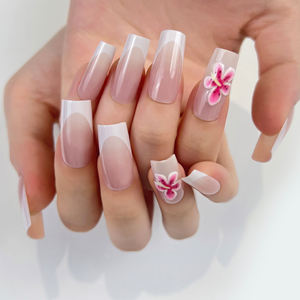3d Fleur Moyen Long Cercueil French Tips Press on Nails Wholesale <span class=keywords><strong>Faux</strong></span> <span class=keywords><strong>Ongles</strong></span> <span class=keywords><strong>Ongles</strong></span> Artificiels avec Jelly Glue - Product Image 6