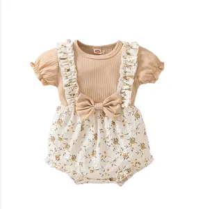 Macacão floral para meninas, macacão 100% algodão com mangas plissadas para bebês, verão 2024