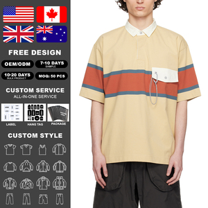 Polo Homme Personnalisé KingSen à Blocs de Couleurs, T-shirt Oversize Rayé à Épaules Tombantes, Manches Courtes en Coton Respirant avec Poche Poitrine - Product Image 2